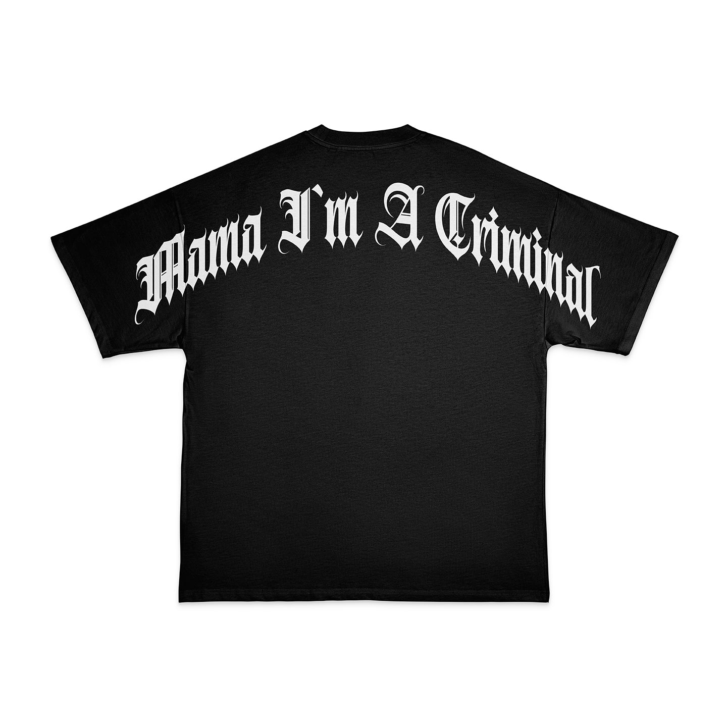 CURVED MAMA I'M A CRIMINAL LOGO HEAVY OVERSIZED T-SHIRT MIT LEICHTER DROPSHOULDER | 240G/M2 | 100% BAUMWOLLE | BLK & WHITE