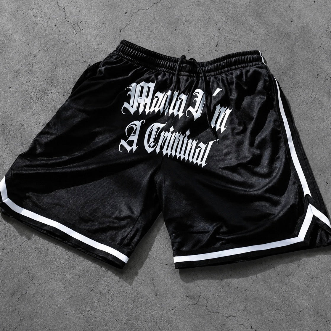 CURVED Mama I´m A Criminal Mesh Shorts | 130G/M2 | 100% POLYESTER | WHITE/BLUE/RED